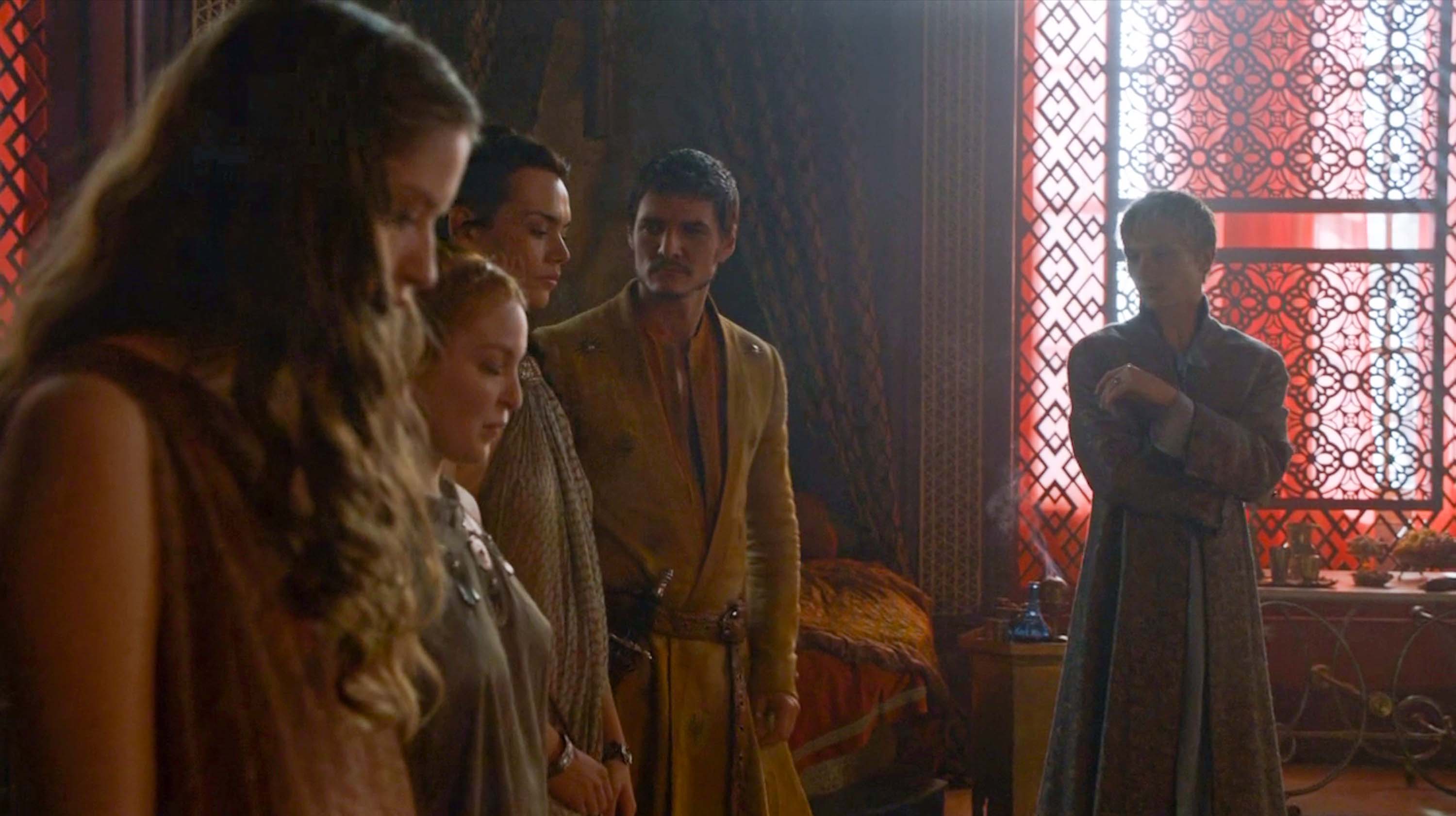 from right: Olyvar (Will Tudor) shows Prince Oberyn (Pedro Pascal) their se...